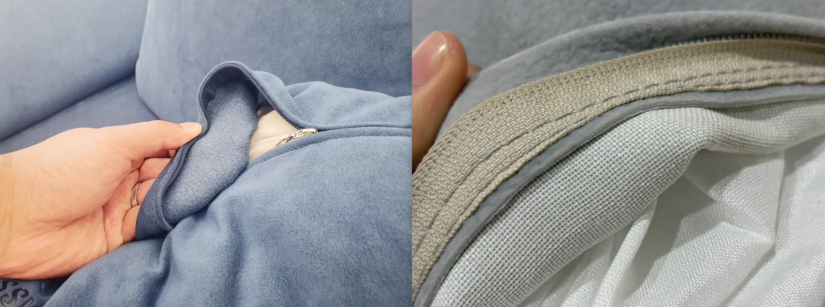 앞뒤가 같은 일체형 단일구조 헷세드 원단과 여러 겹을 겹붙인 유사 소재 비교